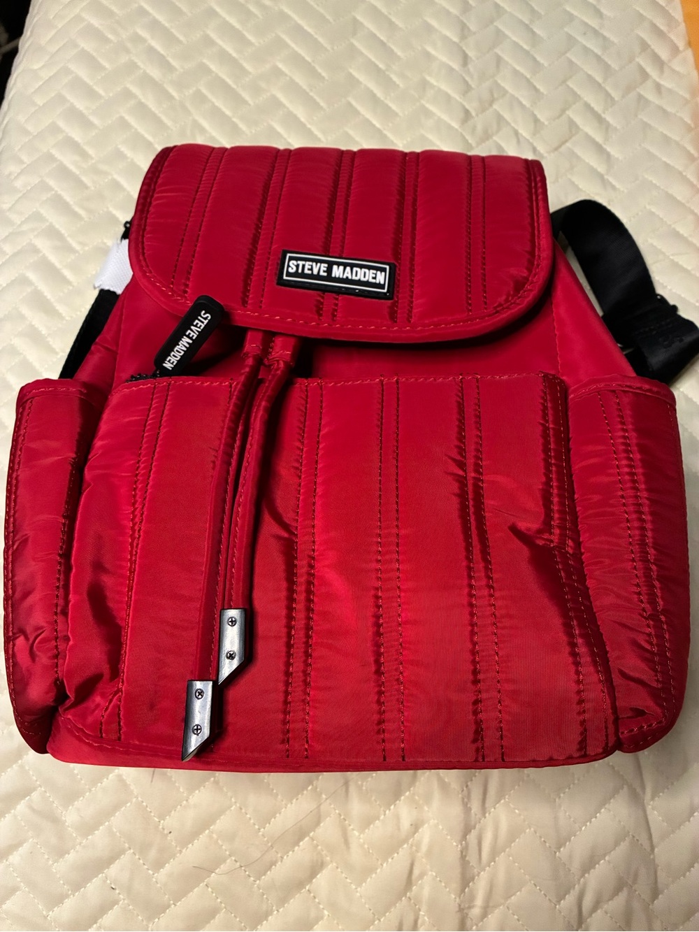 Steve Madden Red Quilted Nylon Backpack with Front Zip Pocket